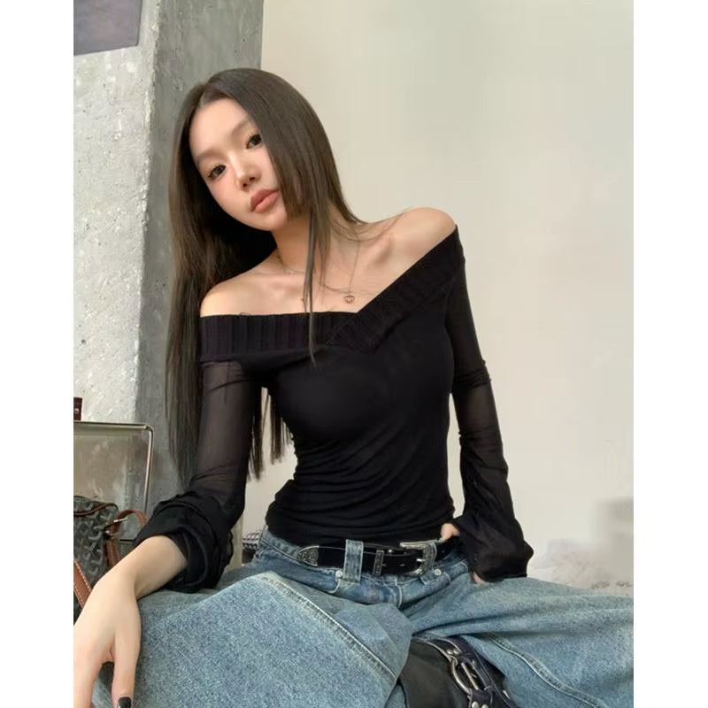 Vintage T Shirt Women V Neck Y2K Crop Tops See through Streetwear Korean Style Skinny Tshrit Autumn Winter Tee Tops