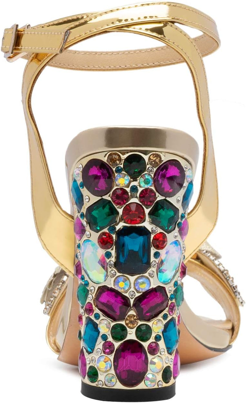 Women’S Gold High Heels Sandals with Rhinestone - Jewel Block Heels Dress Party Ankle Strappy Designer Dress Shoes for Women (9 Gold)