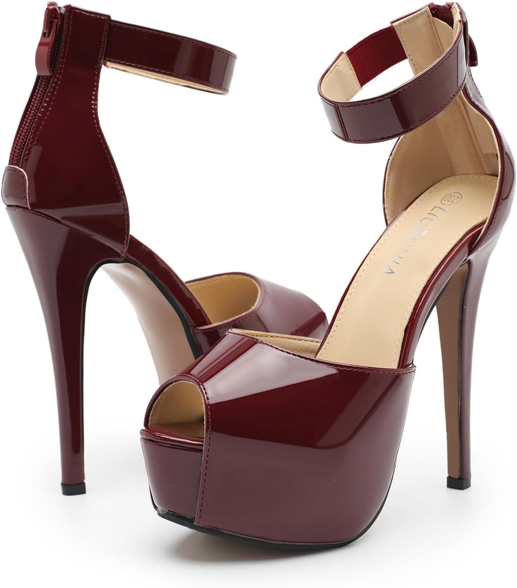 Women'S Ankle Strap Platform High Heels Sexy Stiletto Heels Wedding Bridal Peep Toe Pumps Heeled Sandals Dress Shoes