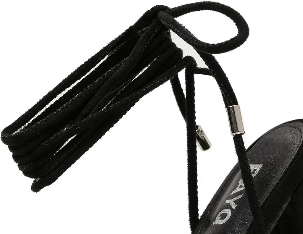 Womens Open Toe Heeled Sandals - Lace up 4 Inch Black Chunky Heels for Women Rhinestone Strappy Cross-Tie Single Band Heels