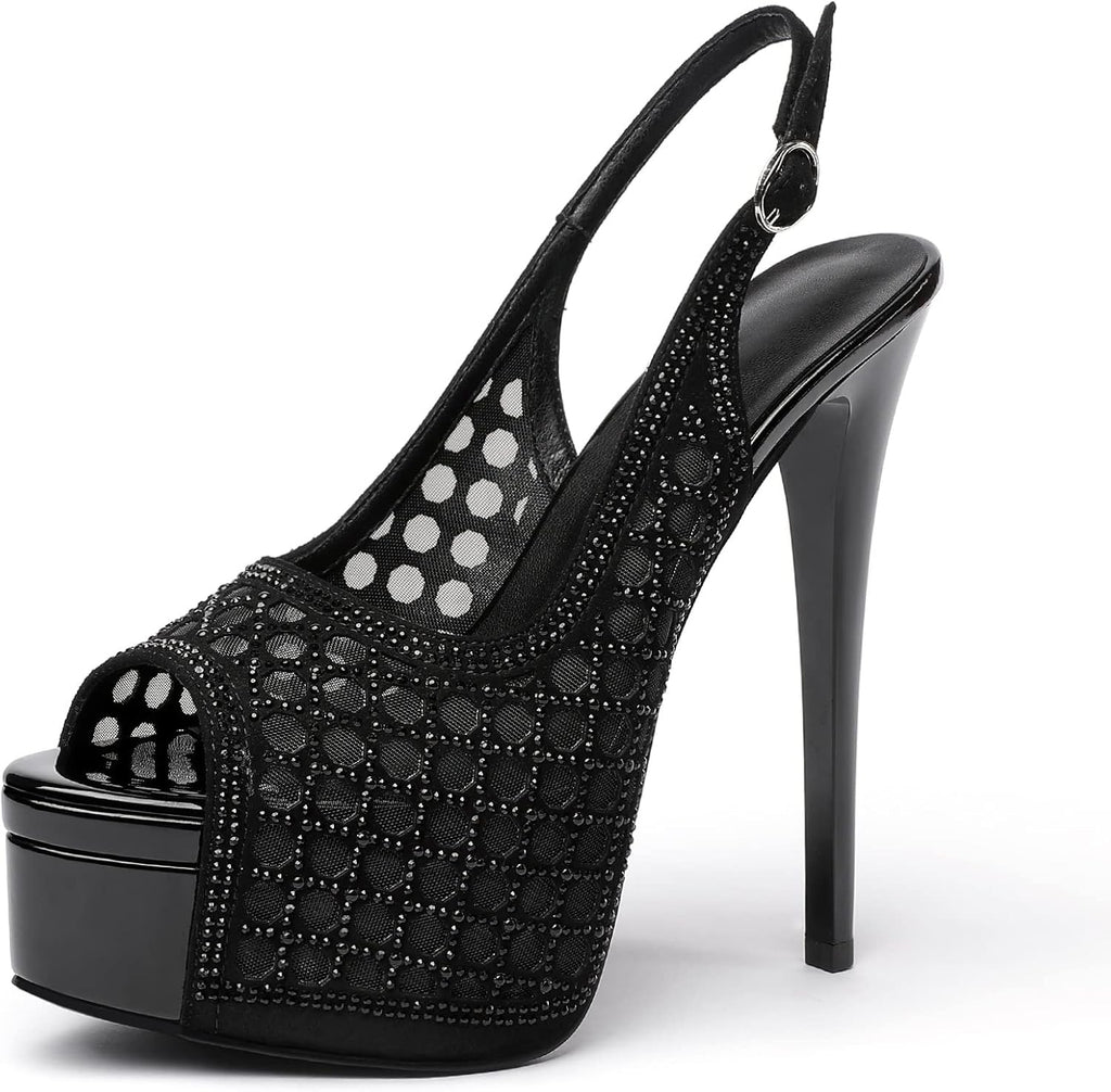 Women'S High Heels Platform Shoes Peep Toe Slingback Sandals Rhinestones Hollow Heels for Dress Wedding Party
