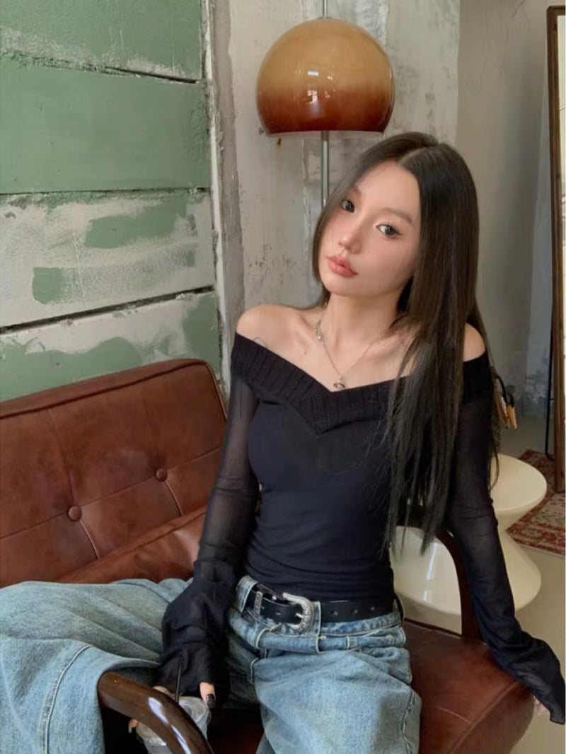 Vintage T Shirt Women V Neck Y2K Crop Tops See through Streetwear Korean Style Skinny Tshrit Autumn Winter Tee Tops