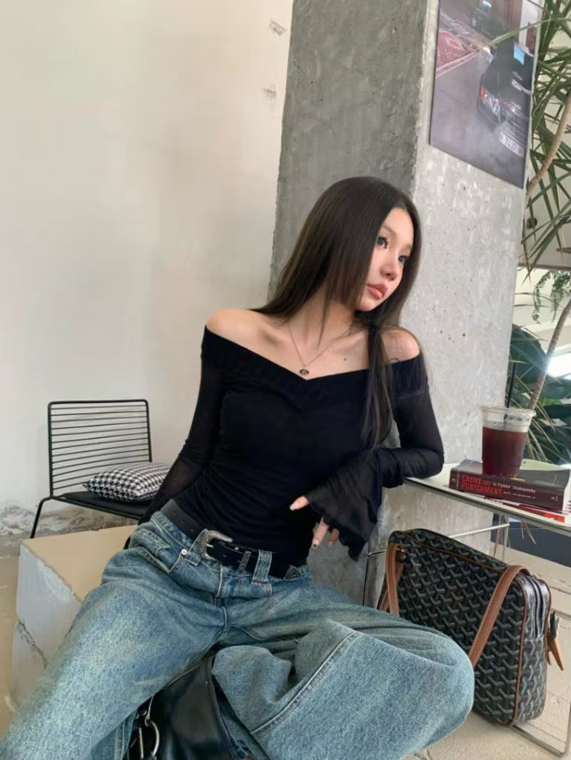 Vintage T Shirt Women V Neck Y2K Crop Tops See through Streetwear Korean Style Skinny Tshrit Autumn Winter Tee Tops