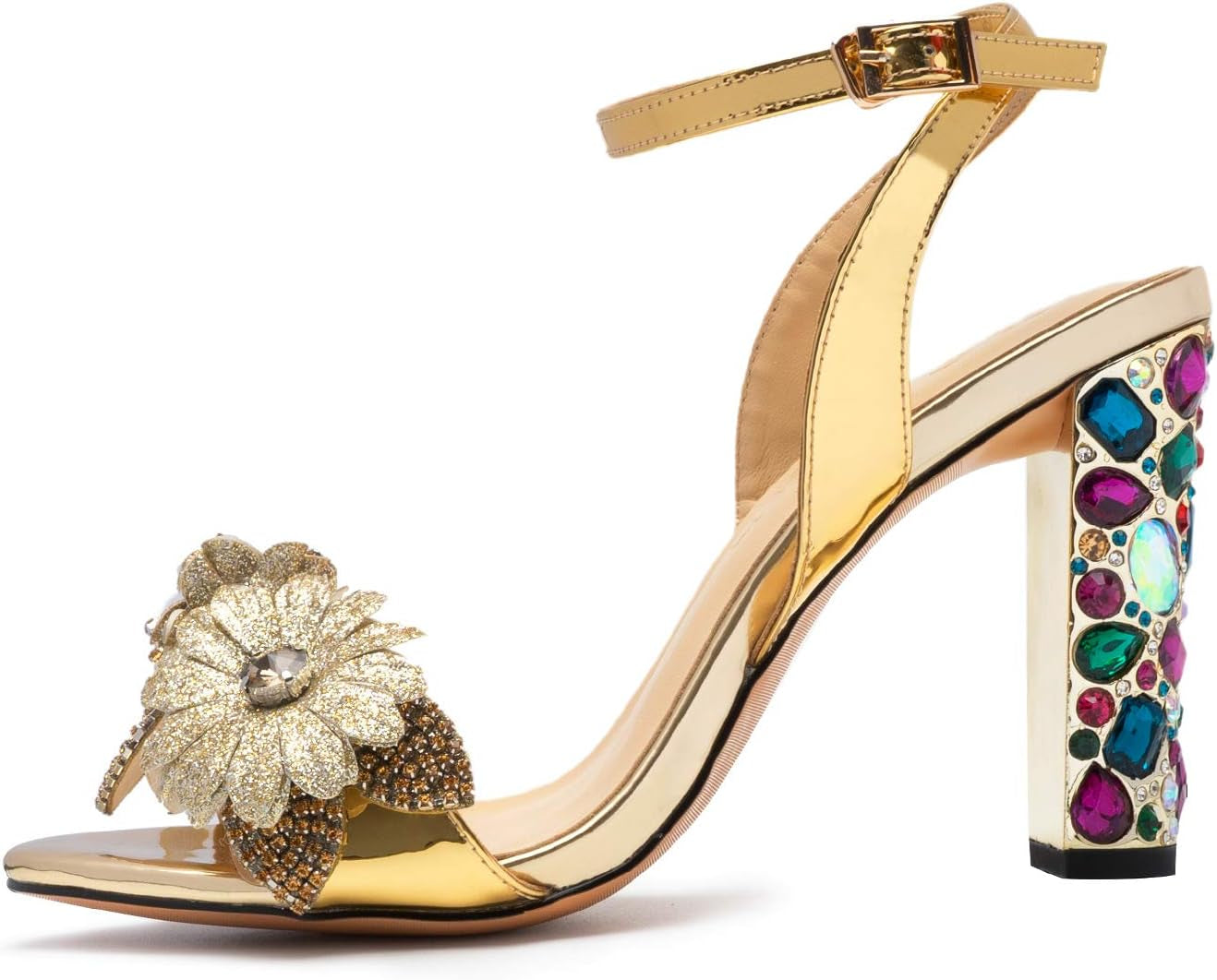 Women’S Gold High Heels Sandals with Rhinestone - Jewel Block Heels Dress Party Ankle Strappy Designer Dress Shoes for Women (9 Gold)