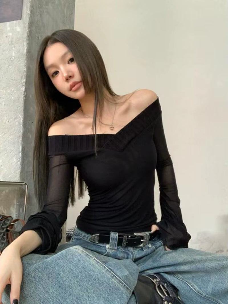 Vintage T Shirt Women V Neck Y2K Crop Tops See through Streetwear Korean Style Skinny Tshrit Autumn Winter Tee Tops