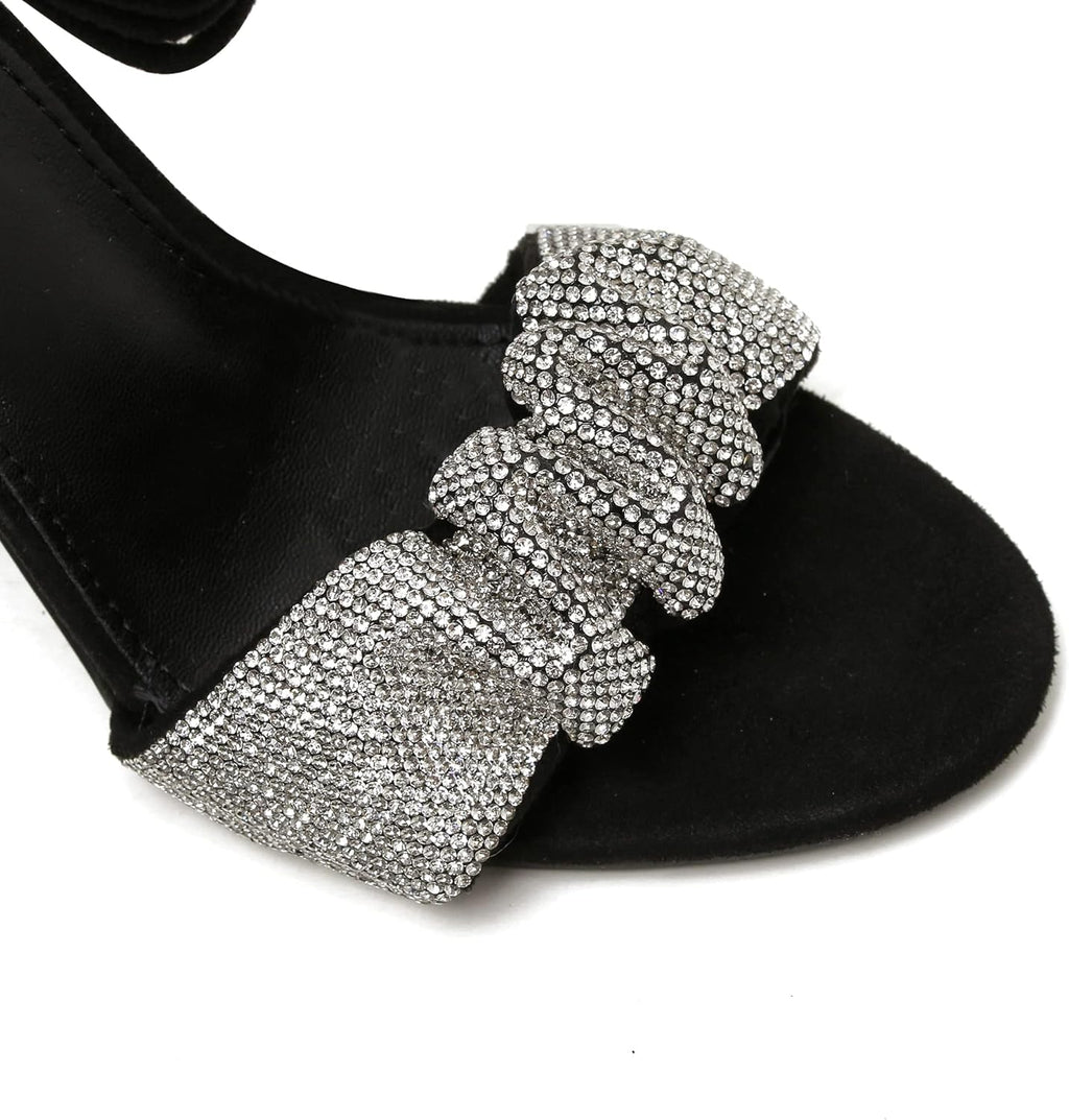 Womens Open Toe Heeled Sandals - Lace up 4 Inch Black Chunky Heels for Women Rhinestone Strappy Cross-Tie Single Band Heels