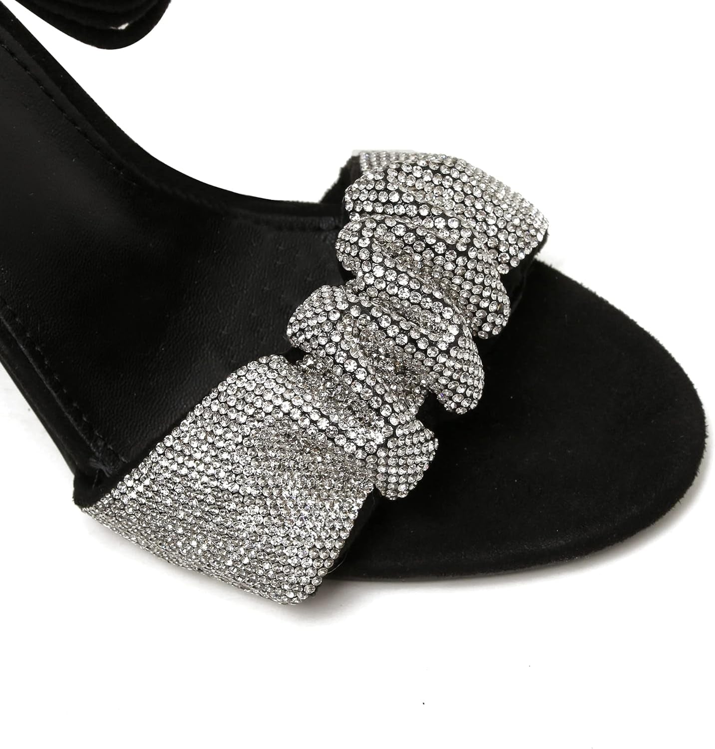 Womens Open Toe Heeled Sandals - Lace up 4 Inch Black Chunky Heels for Women Rhinestone Strappy Cross-Tie Single Band Heels