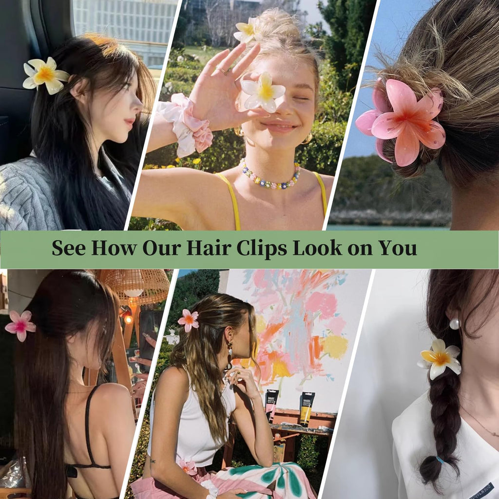 Upgraded Hawaiian Plumeria Floral Claw Clip,  6Pcs Large Summer Flower Hair Clips, Cute Flowers Hairclips Accessories for Women - Black, White, Beige, Dark Brown, Dark Gray, Dull Yellow