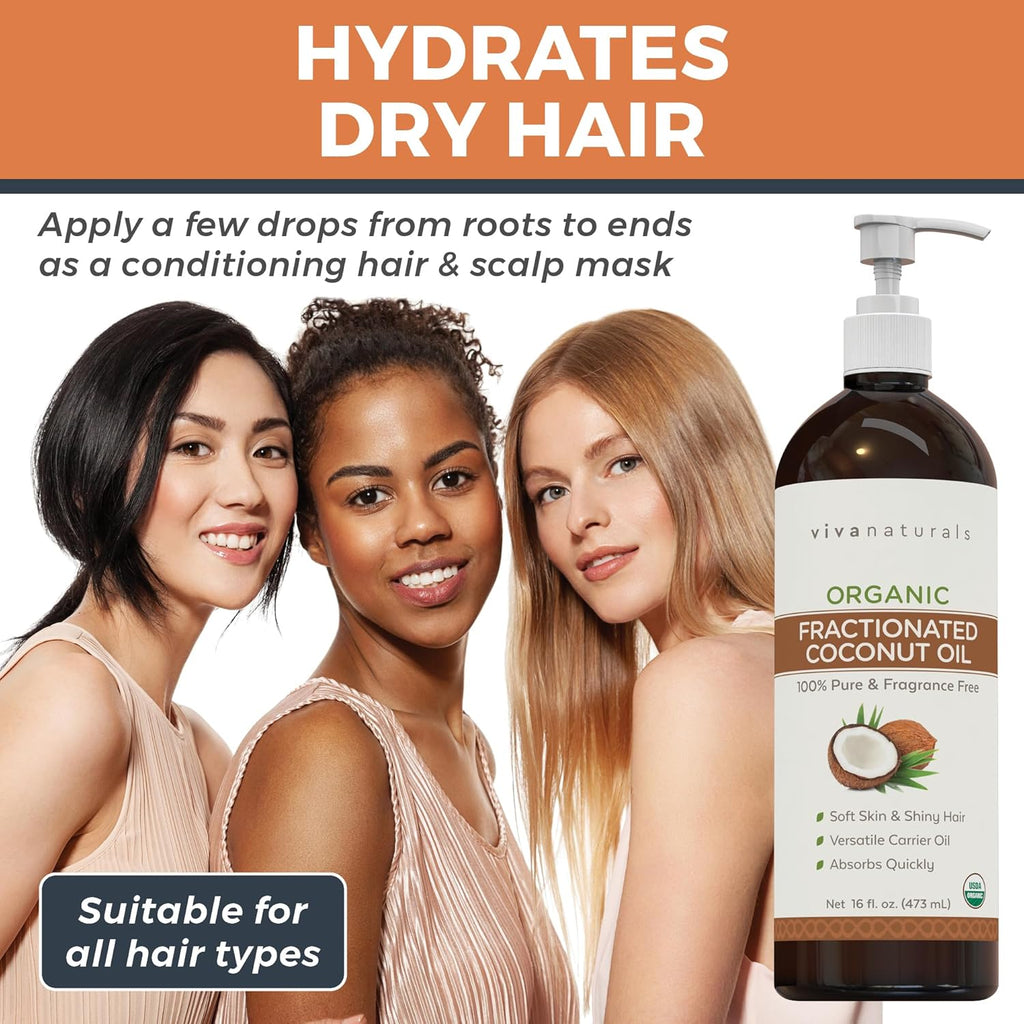 Organic Fractionated Coconut Oil, 16 Fl Oz – Skin & Hair Moisturizer, Massage Oil, Carrier Oil for Essential Oils