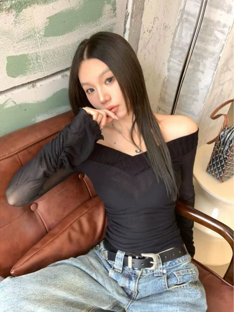 Vintage T Shirt Women V Neck Y2K Crop Tops See through Streetwear Korean Style Skinny Tshrit Autumn Winter Tee Tops