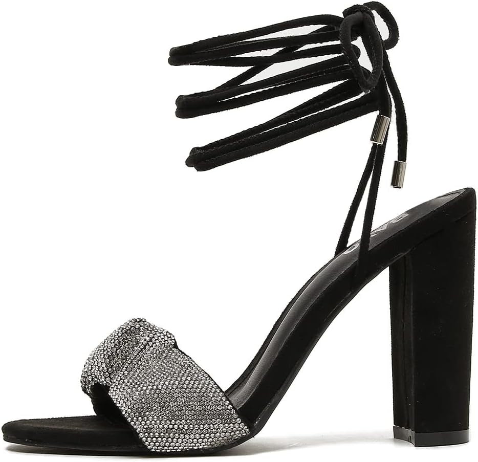 Womens Open Toe Heeled Sandals - Lace up 4 Inch Black Chunky Heels for Women Rhinestone Strappy Cross-Tie Single Band Heels